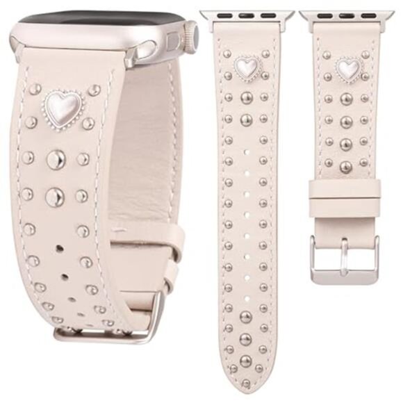 NEW Luxury Studded Heart Charm Leather Luxury Apple Watch Band main image 5